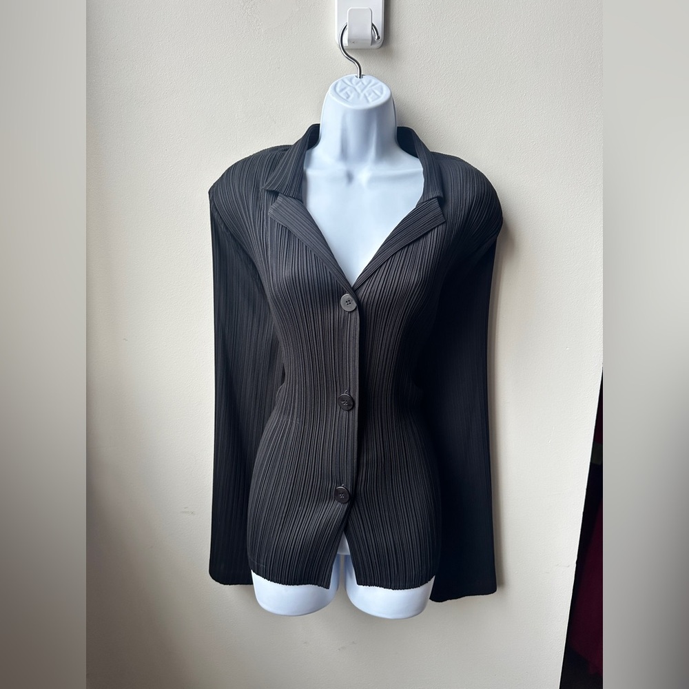 Japanese Pleated Blazer Jacket Black Textured Stretch Minimalist Open Collar Top